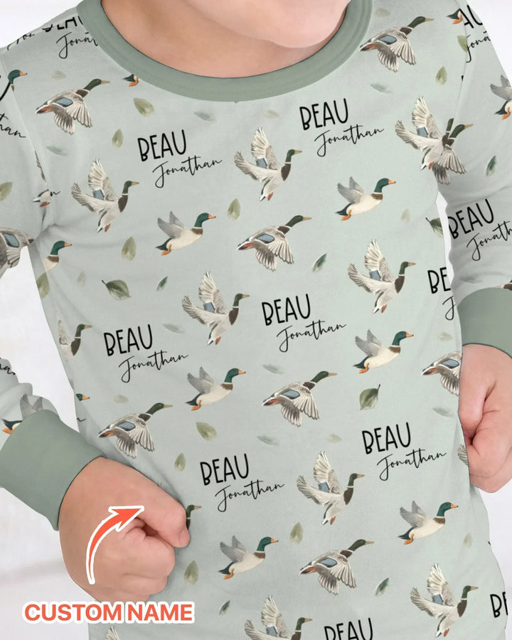 Custom Name Mallard Duck Bamboo Two Piece Long Sleeve Pajama Set