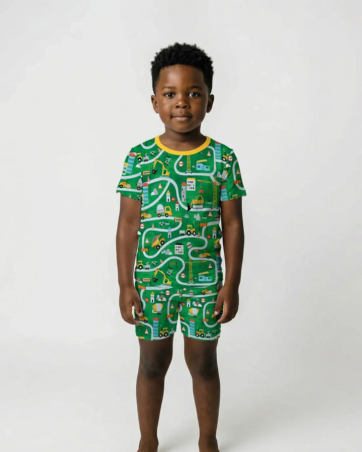Little Builder Construction Zone Bamboo Two Piece Short Sleeve Shorts Pajama Set