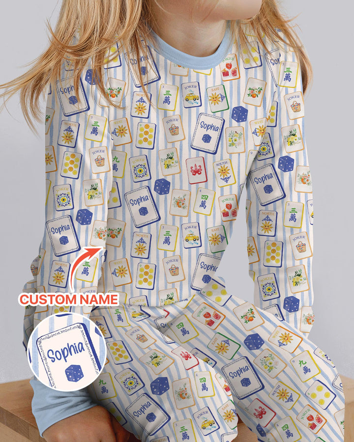 Coastal Mahjong Custom Name Mommy & Me Matching Bamboo Two Piece Long Sleeve Pajama Set