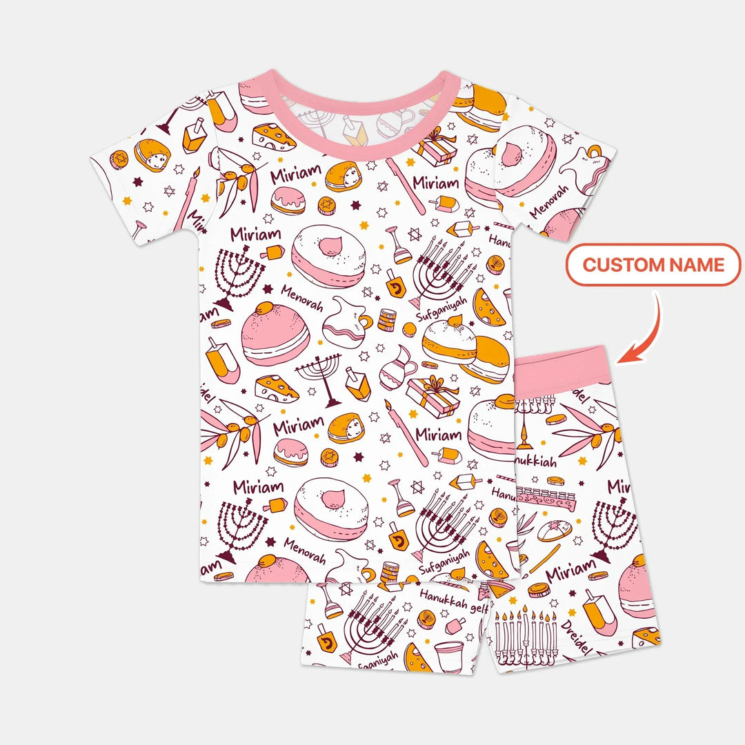 Happy Hanukkah Doodles Custom Name Family Matching Bamboo Two Piece Short Sleeve Shorts Pajama Set