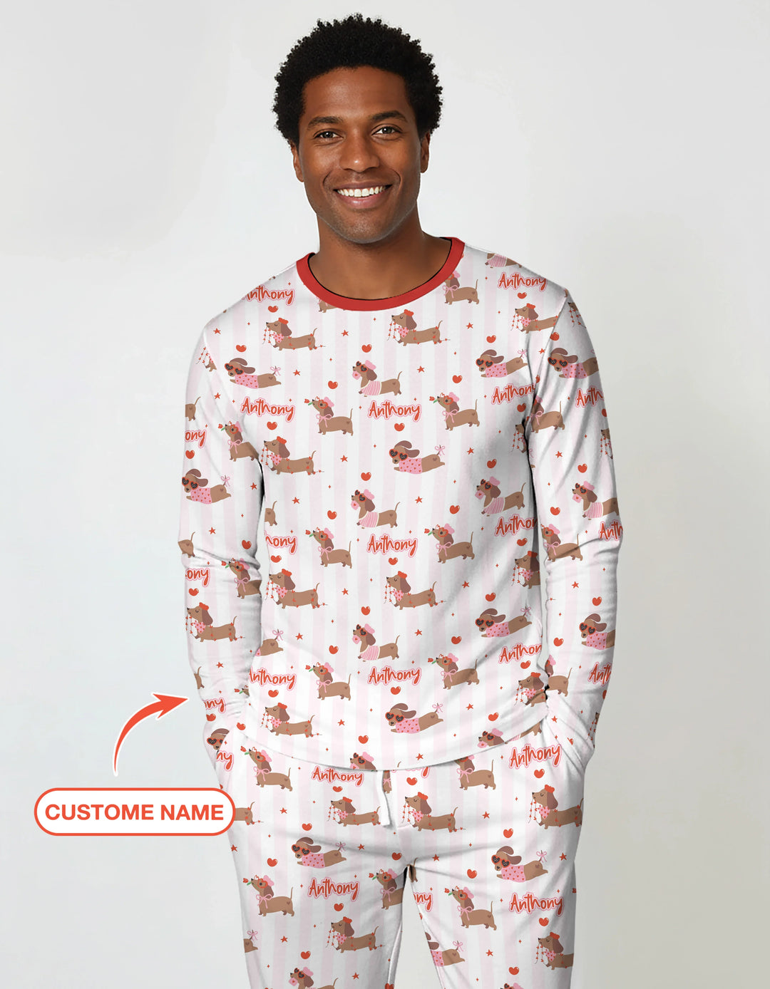 Custom Name Valentine Dachshund Family Matching Bamboo Men's Pajama Set