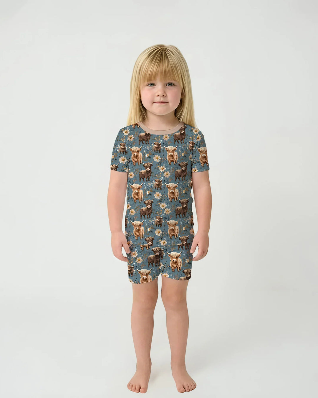 Majestic Highland Cows Family Matching Bamboo Two Piece Short Sleeve Shorts Pajama Set