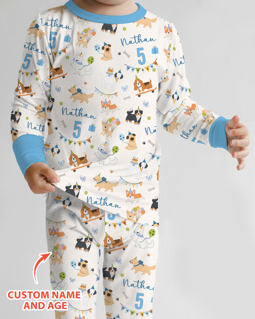 Custom Name Birthday Dogs Party Bamboo Two Piece Long Sleeve Pajama Set