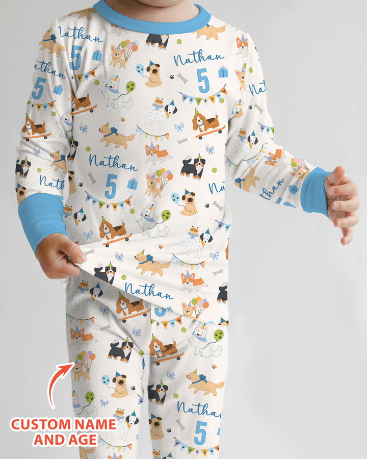 Custom Name Birthday Dogs Party Bamboo Two Piece Long Sleeve Pajama Set