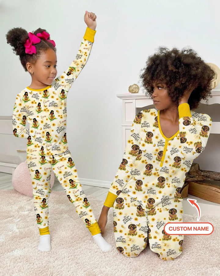 Custom Name Sunflower Queen Bamboo Two Piece Long Sleeve Pajama Set