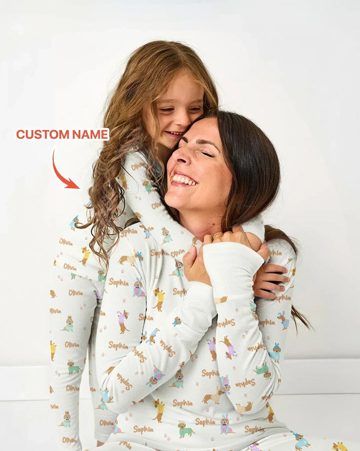 Custom Name Easter Dachshund Bamboo Two Piece Short Sleeve Pajama Set