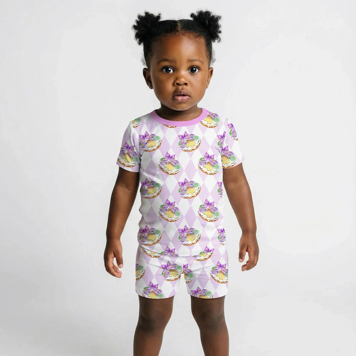 Mardi Gras Donut Bamboo Two Piece Short Sleeve Shorts Pajama Set