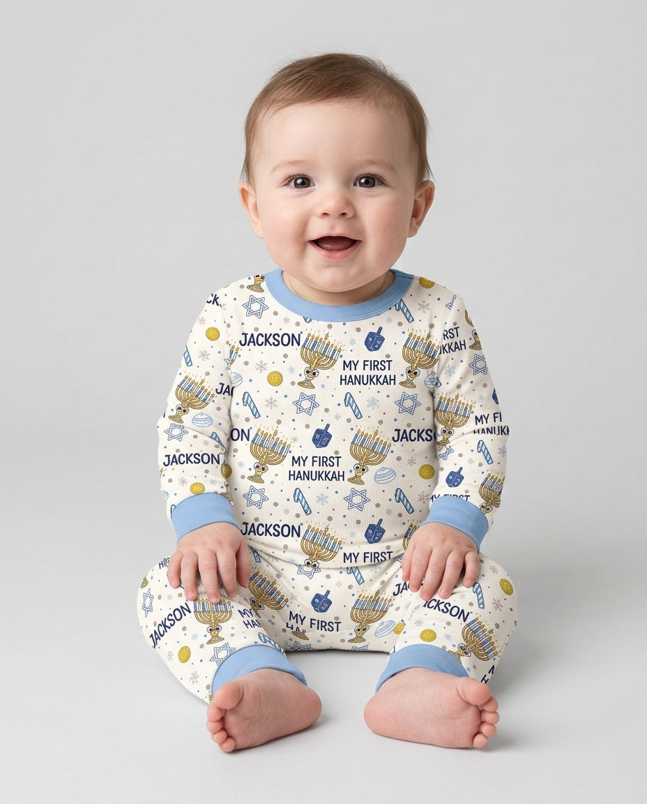 Custom Name Doodle Dreidel First Hanukkah Bamboo Two Piece Long Sleeve Pajama Set