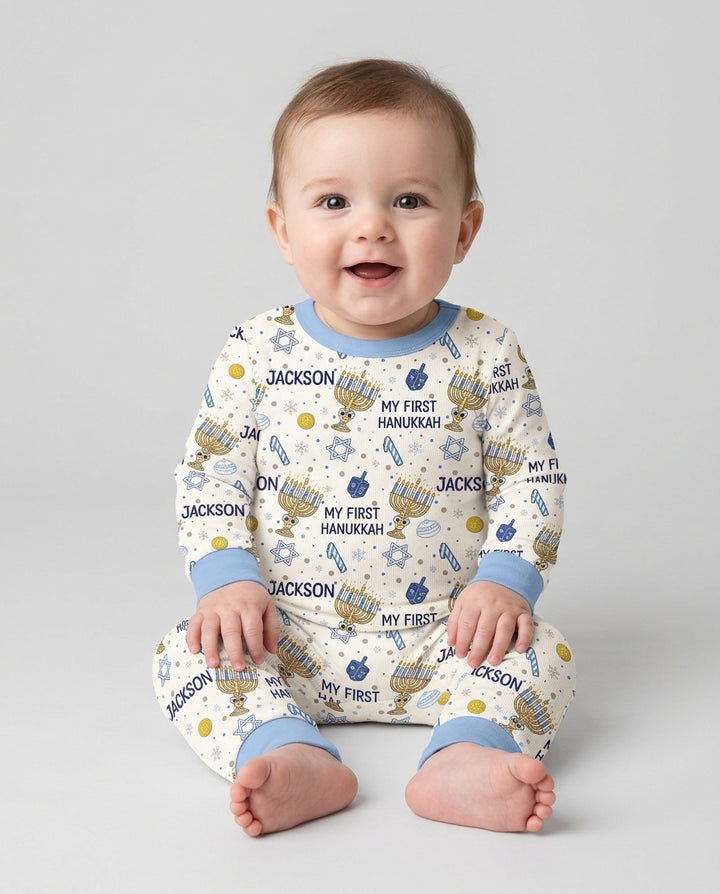 Custom Name Doodle Dreidel First Hanukkah Bamboo Two Piece Long Sleeve Pajama Set