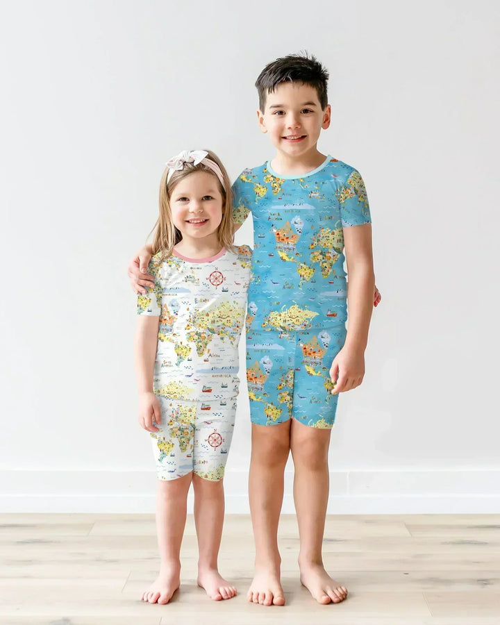Whimsical World Map Family Matching Bamboo Two Piece Short Sleeve Shorts Pajama Set