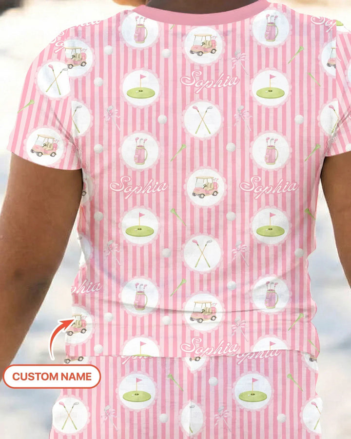Custom Name Pink Golf Girl Bamboo Two Piece Short Sleeve Shorts Pajama Set