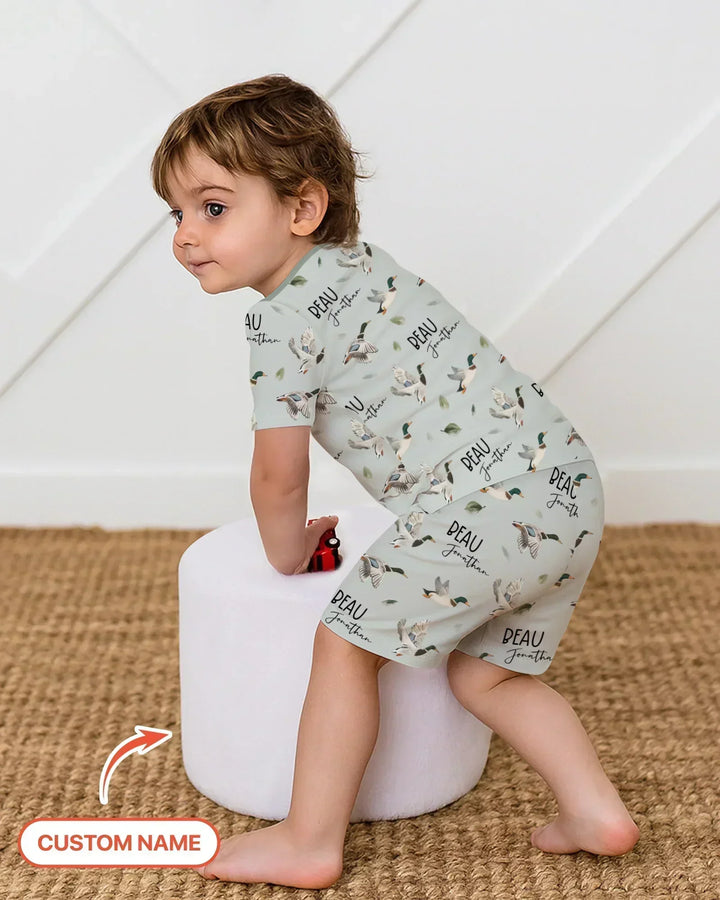 Custom Name Mallard Duck Bamboo Two Piece Short Sleeve Shorts Pajama Set