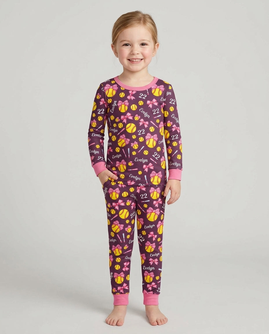 Little Softball Star Bamboo Two Piece Long Sleeve Pajama Set
