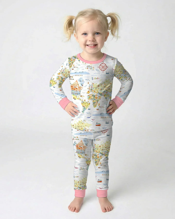 Whimsical World Map Family Matching Bamboo Two Piece Long Sleeve Pajama Set