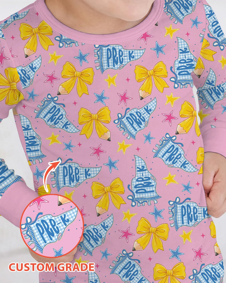 Pencil Bow Back To School Bamboo Two Piece Long Sleeve Pajama Set