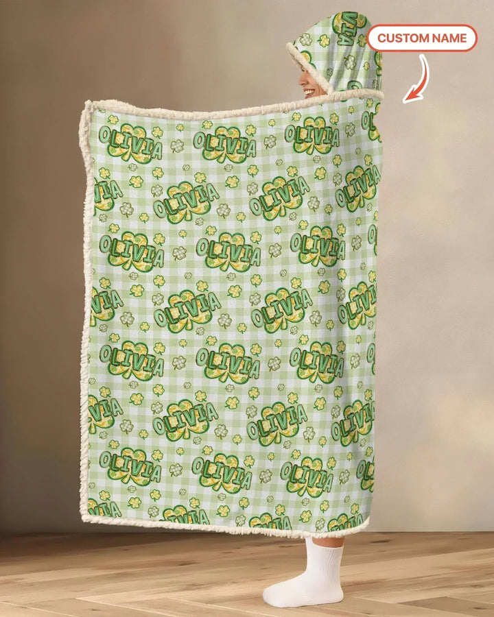 Lucky Shamrock Custom Name Bamboo Wearable Hooded Blanket