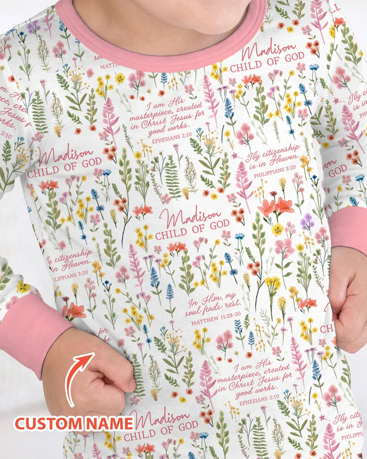 Custom Name Child of God Flower Garden Bamboo Two Piece Long Sleeve Pajama Set