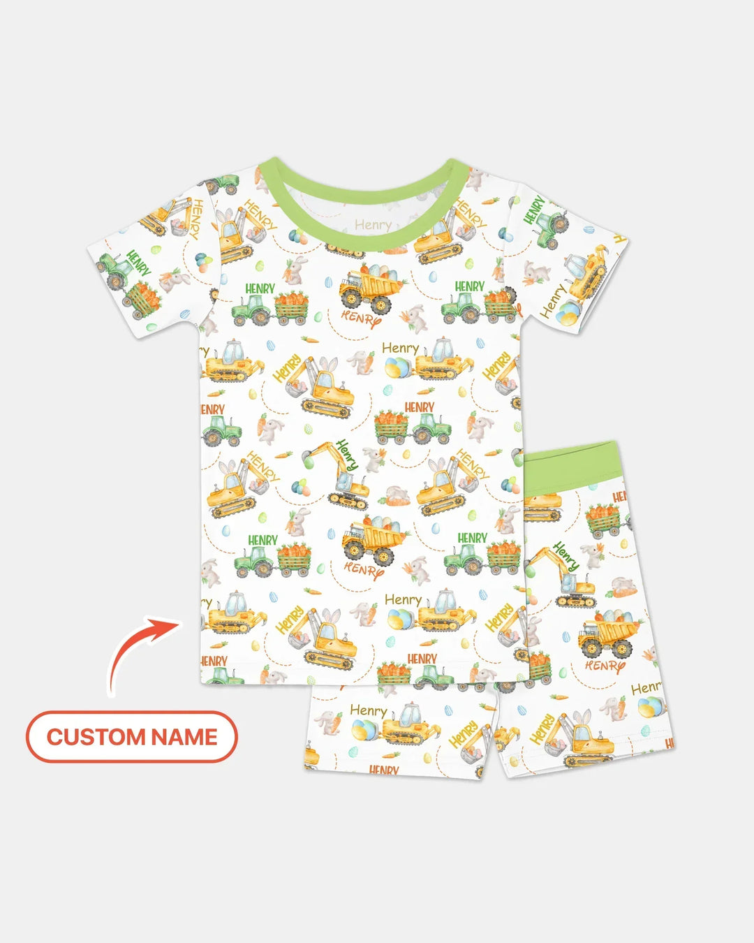 Easter Construction Vehicles Custom Name Bamboo Two Piece Short Sleeve Shorts Pajama Set