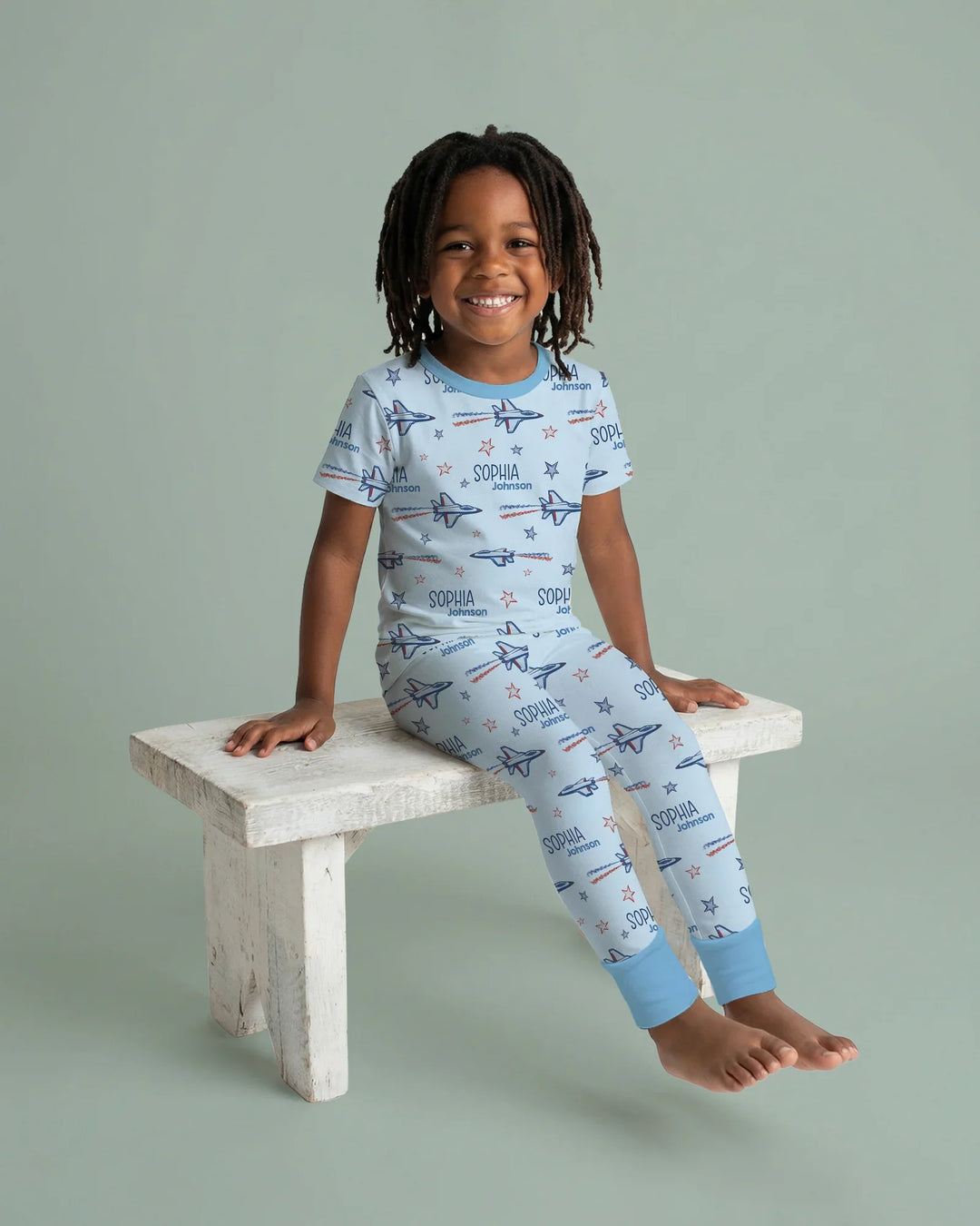 Patriotic American Flag Jet Fighter Bamboo Two Piece Short Sleeve Pajama Set