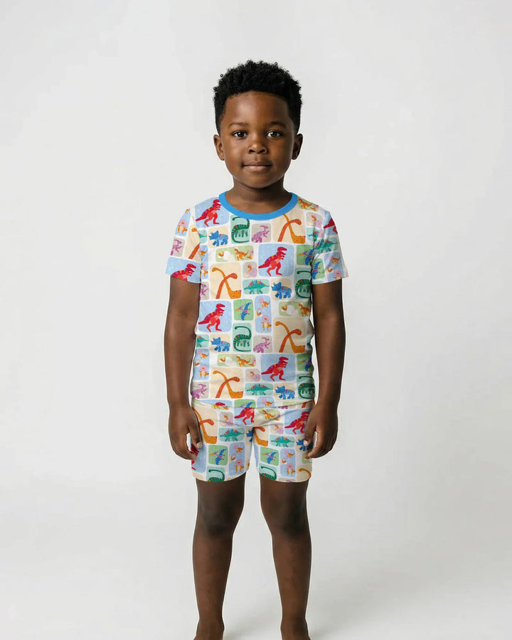Rainbow Dino Friends Family Matching Bamboo Two Piece Short Sleeve Shorts Pajama Set