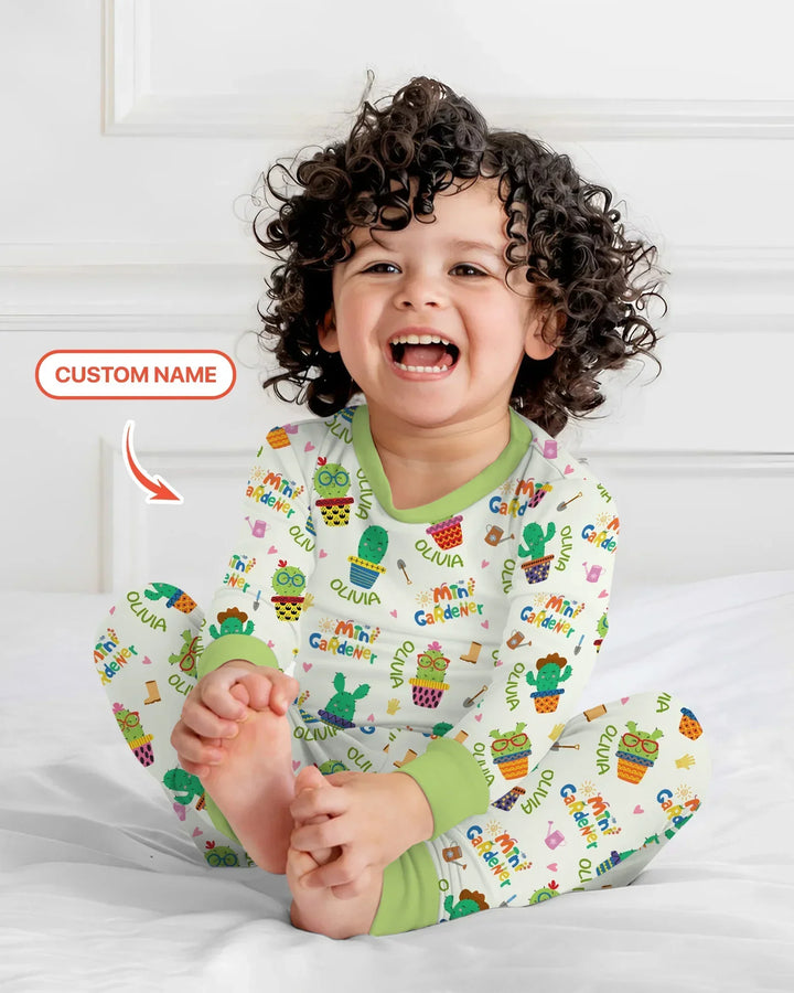 Custom Name Mini Gardener Bamboo Two Piece Long Sleeve Pajama Set