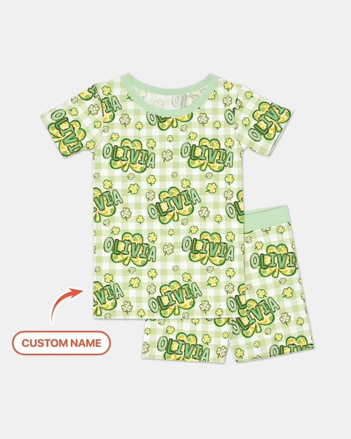 Lucky Shamrock Custom Name Bamboo Two Piece Short Sleeve Shorts Pajama Set