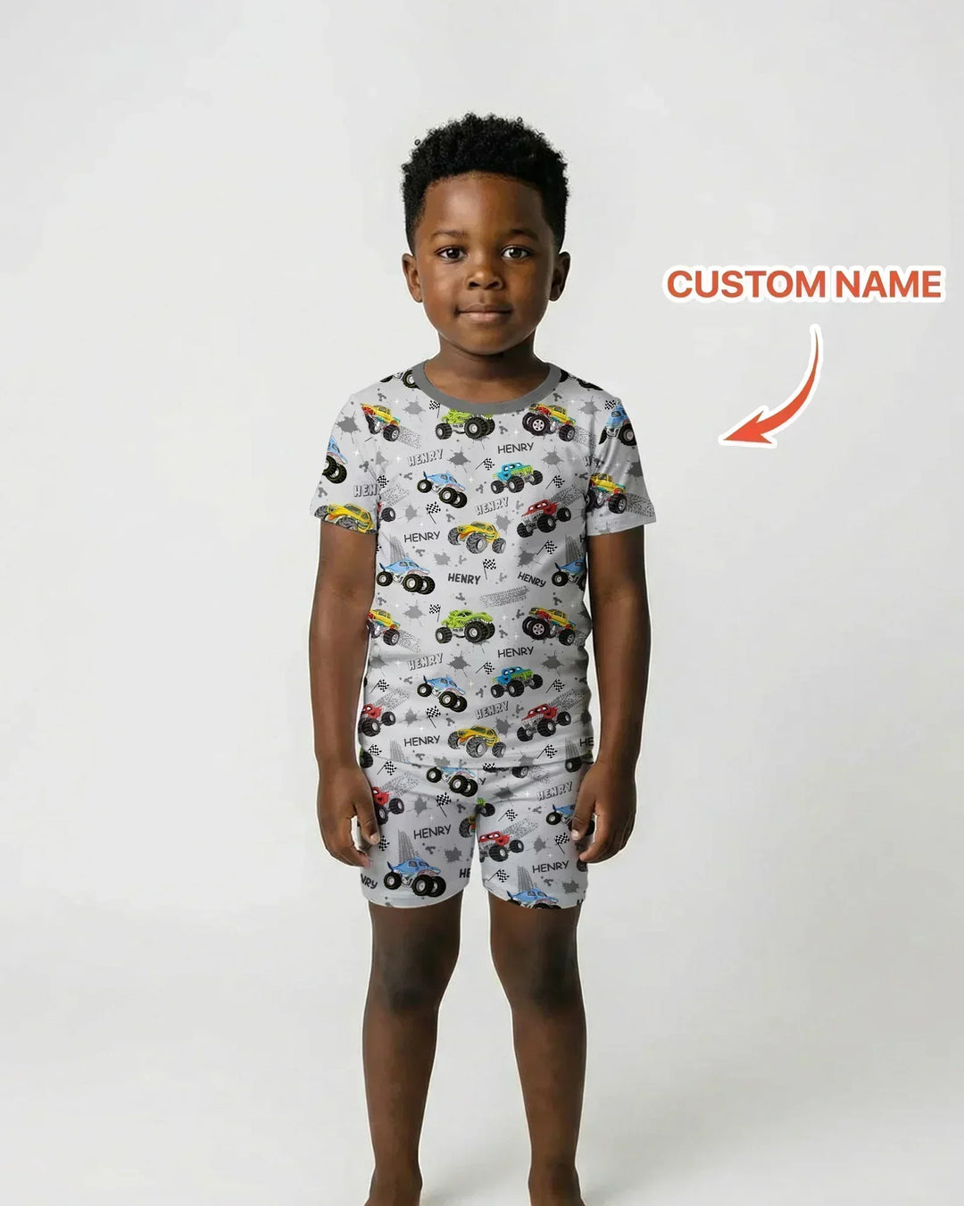 Monster Truck Dirt Jam Custom Name Daddy & Me Matching Bamboo Two Piece Short Sleeve Shorts Pajama Set