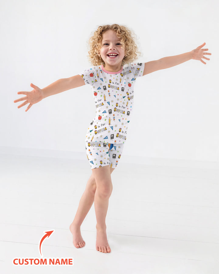 Personalized Back To School Bamboo Two Piece Short Sleeve Shorts Pajama Set