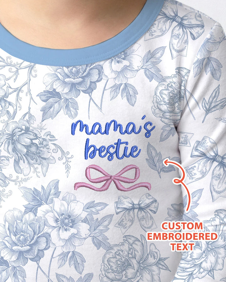 Custom Embroidered Mommy and Me Toile Matching Bamboo Two Piece Long Sleeve Pajama Set