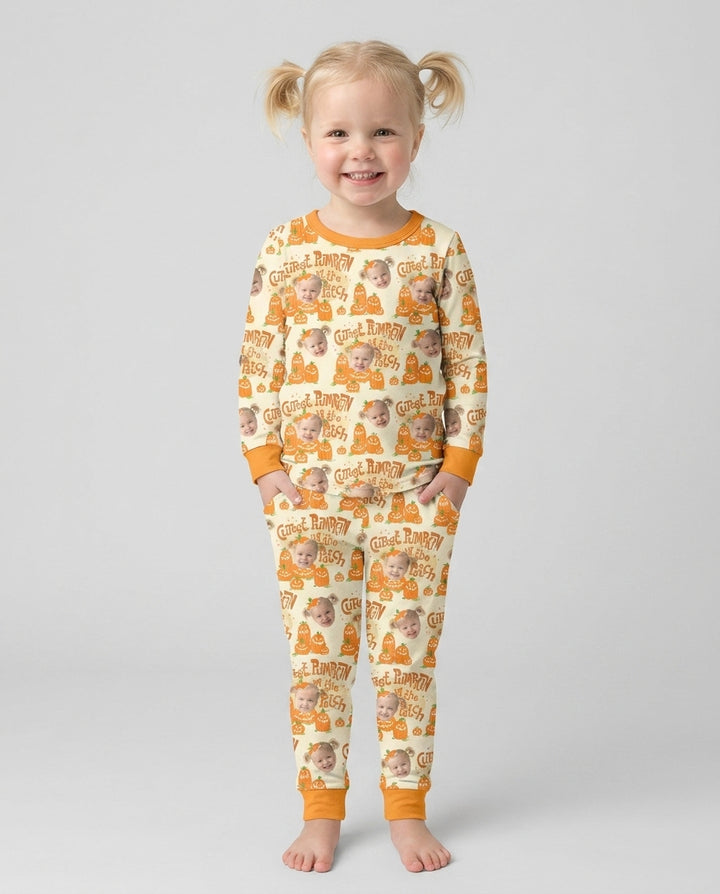 Custom Photo Cutest Pumpkin in the Patch Bamboo Two Piece Long Sleeve Pajama Set