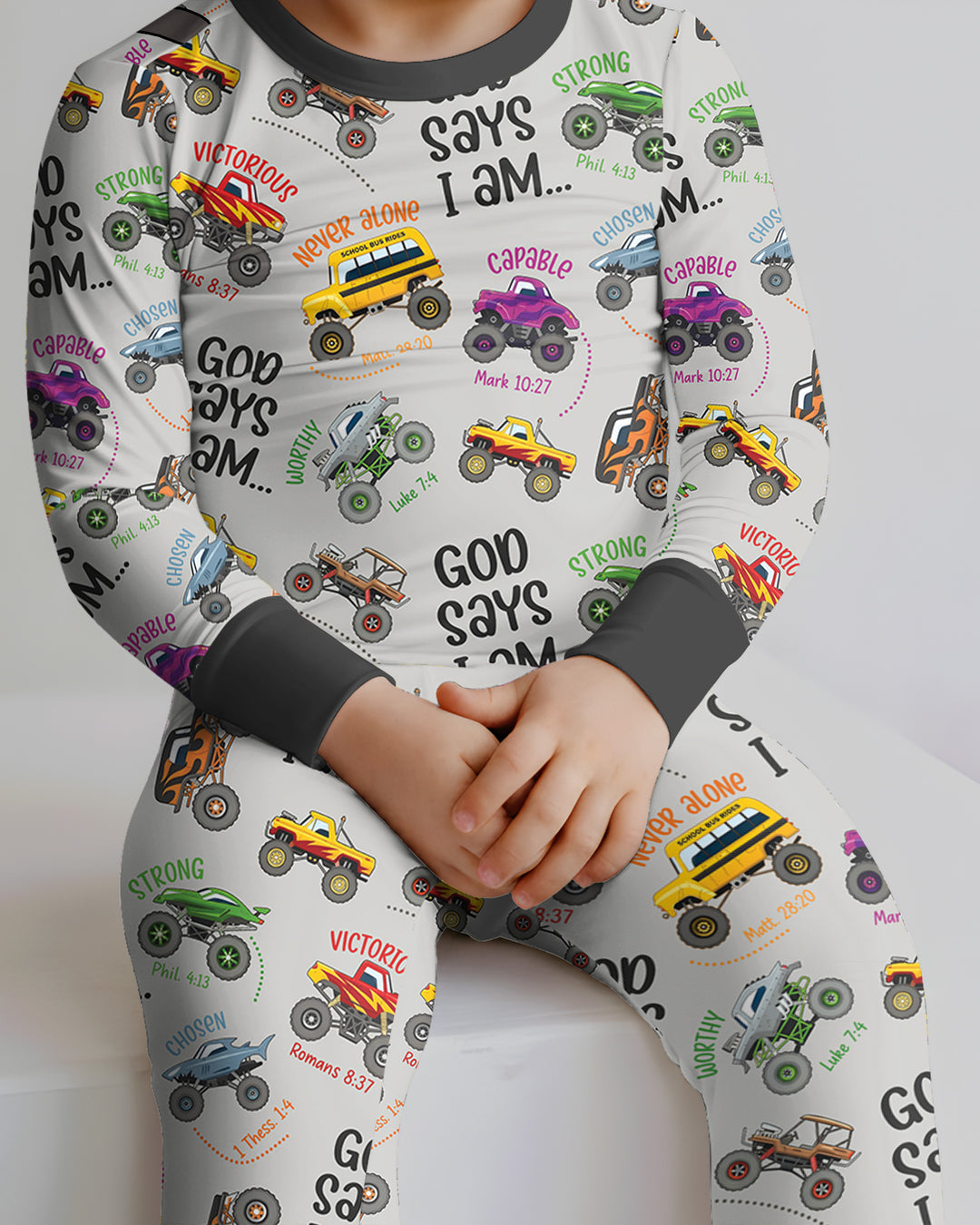 God Says I Am Monster Truck Bamboo Two Piece Long Sleeve Pajama Set