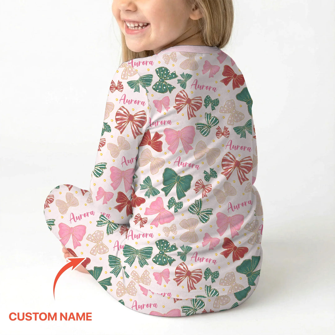 Custom Name Preppy Coquette Bows Bamboo Two Piece Long Sleeve Pajama Set