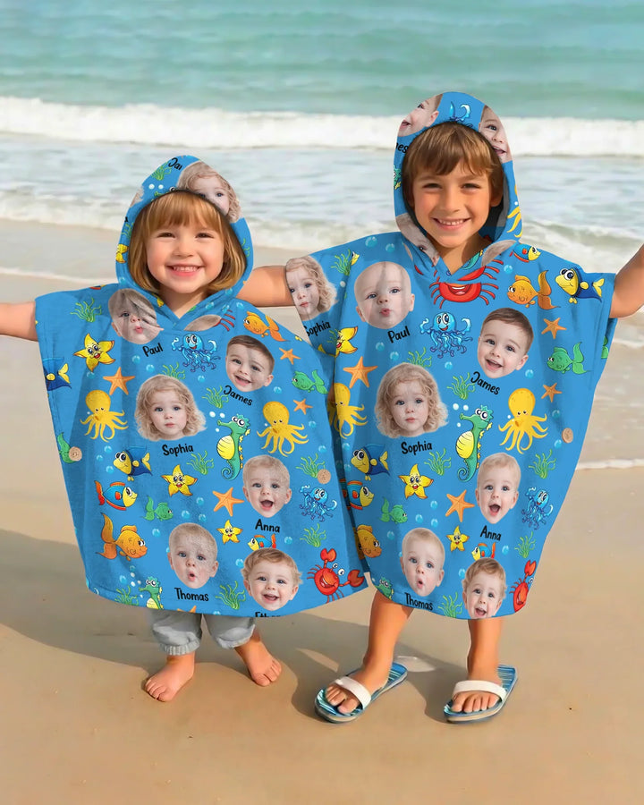 Custom Photo Cute Kid Face Watercolor Sea Creatures Summery Bamboo Swim Poncho