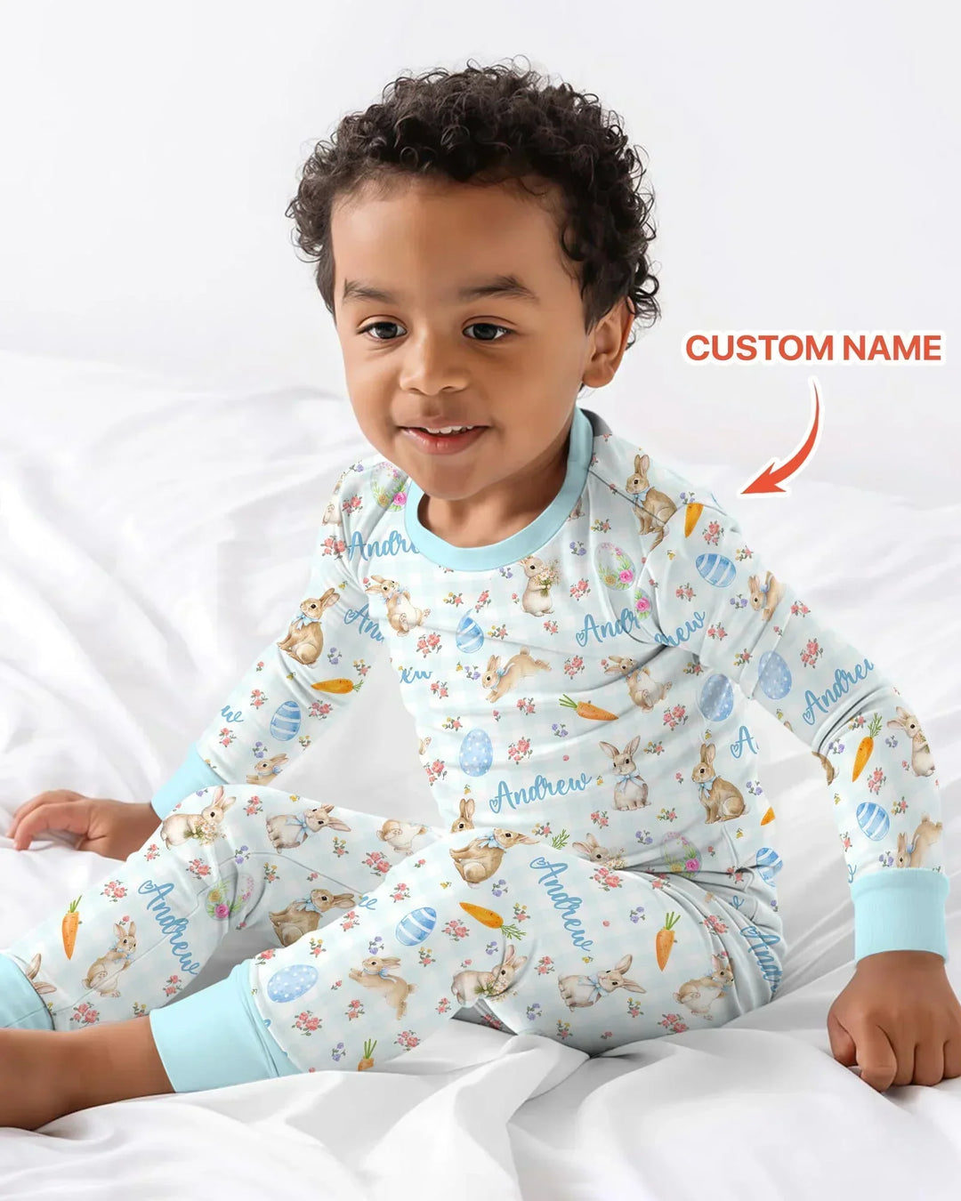 Custom Name Bunny Garden Bamboo Two Piece Long Sleeve Pajama Set