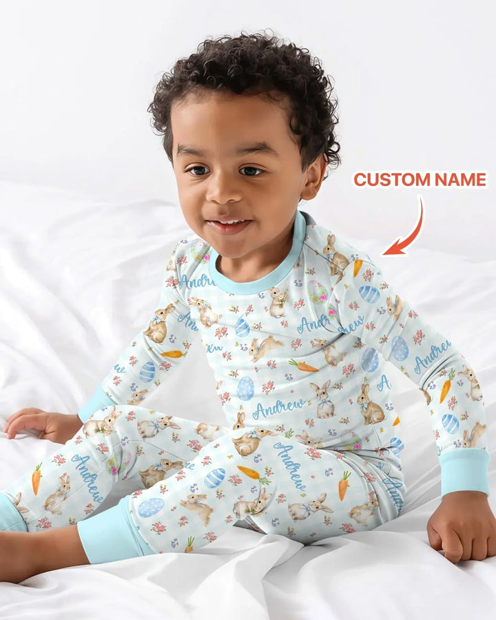 Custom Name Bunny Garden Bamboo Two Piece Long Sleeve Pajama Set
