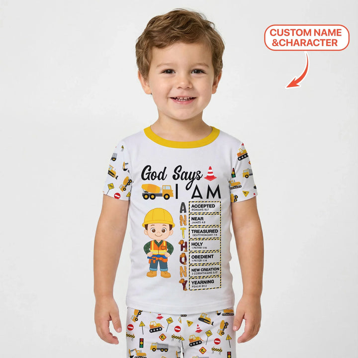 Custom Name God Says I Am Little Builder Letter in Bible Bamboo Two Piece Short Sleeve Pajama Set