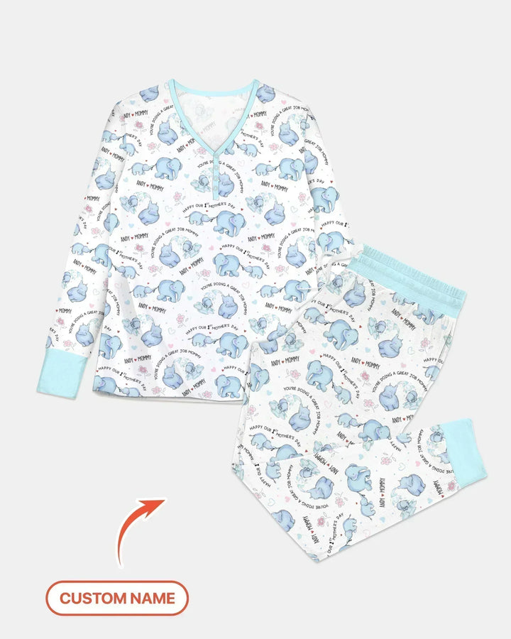 Custom Name Mother & Baby Elephant Bamboo Women Pajama Set