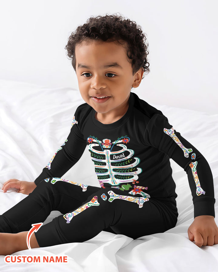 Custom Mexican Halloween Floral Skeleton Bamboo Two Piece Long Sleeve Pajama Set