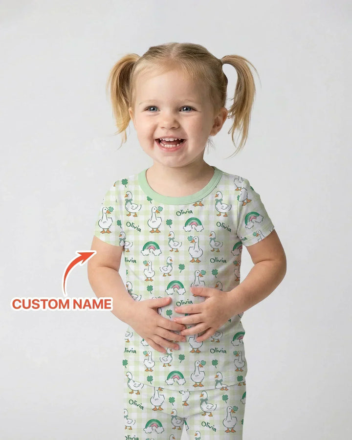 Custom Name Lucky Ducks Bamboo Two Piece Short Sleeve Pajama Set