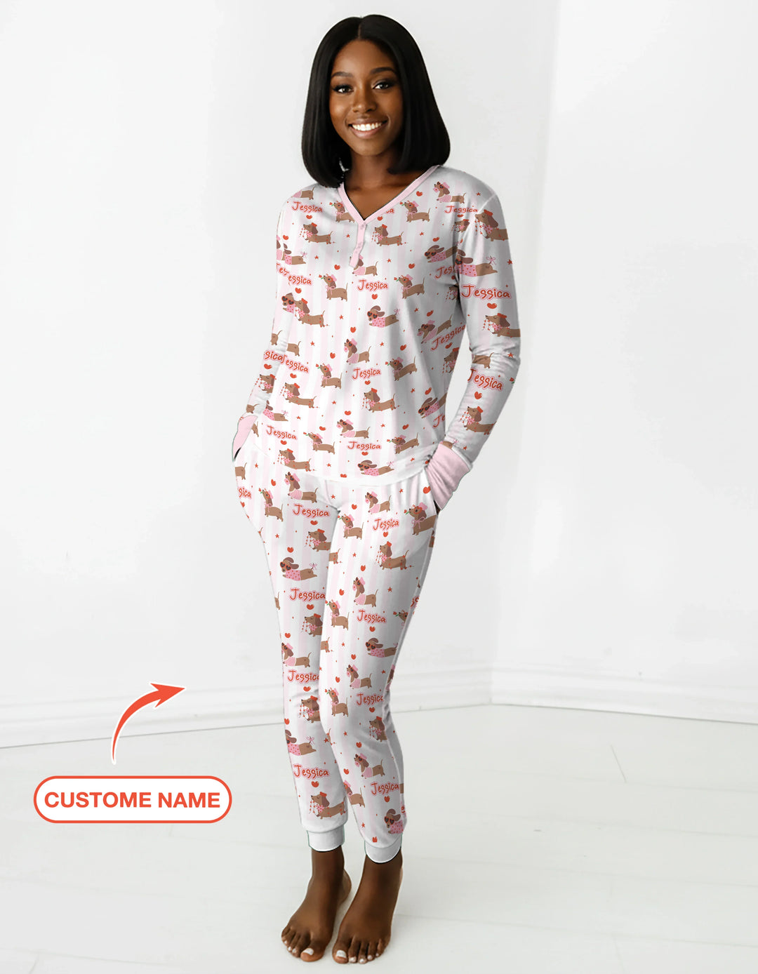 Custom Name Valentine Dachshund Family Matching Bamboo Women Pajama Set For Christmas