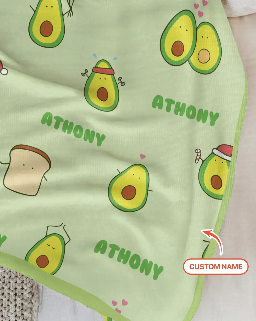 Custom Name Cute Avocado Bamboo Blanket