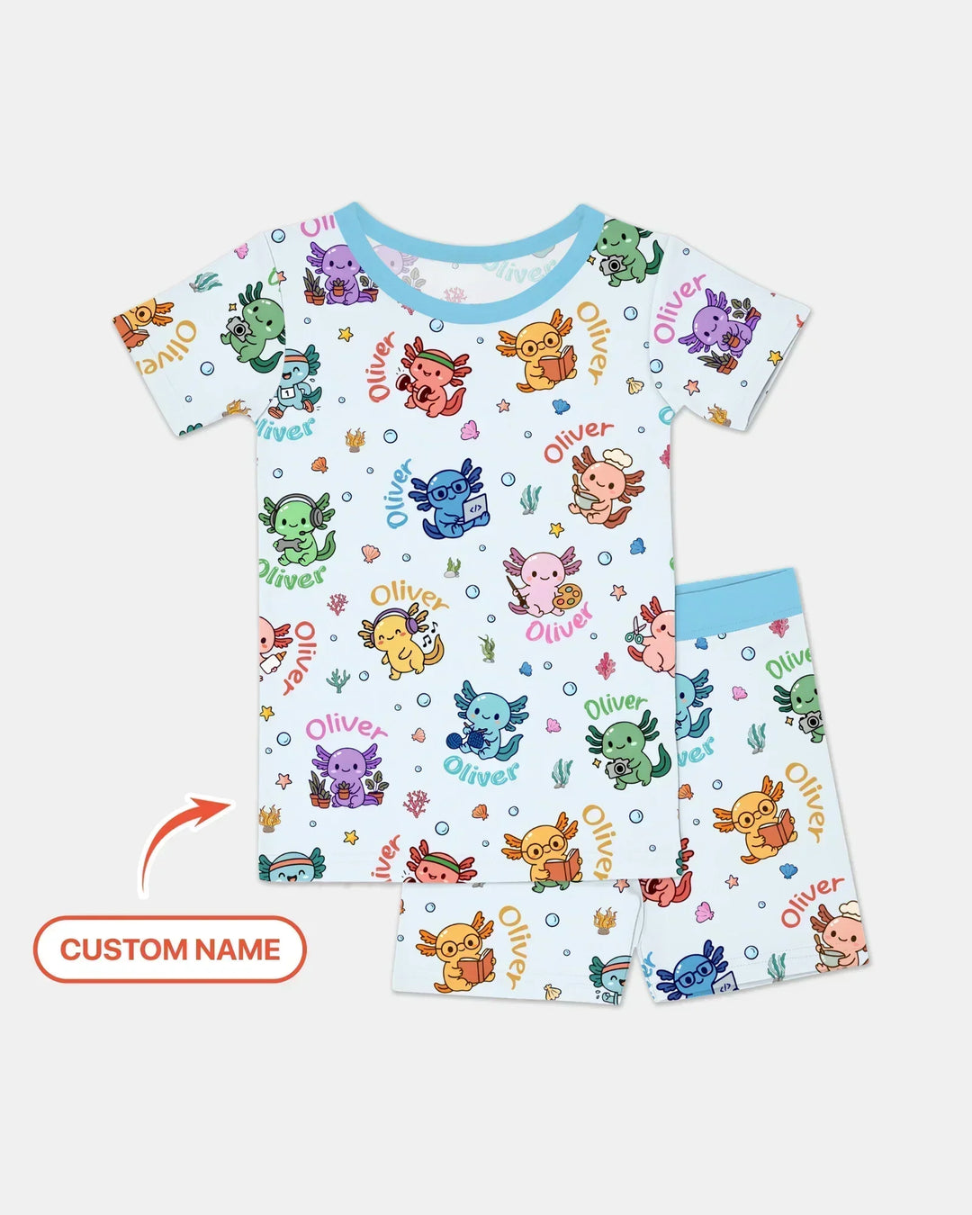 Custom Name Cute Hobby Axolotl Bamboo Two Piece Short Sleeve Shorts Pajama Set