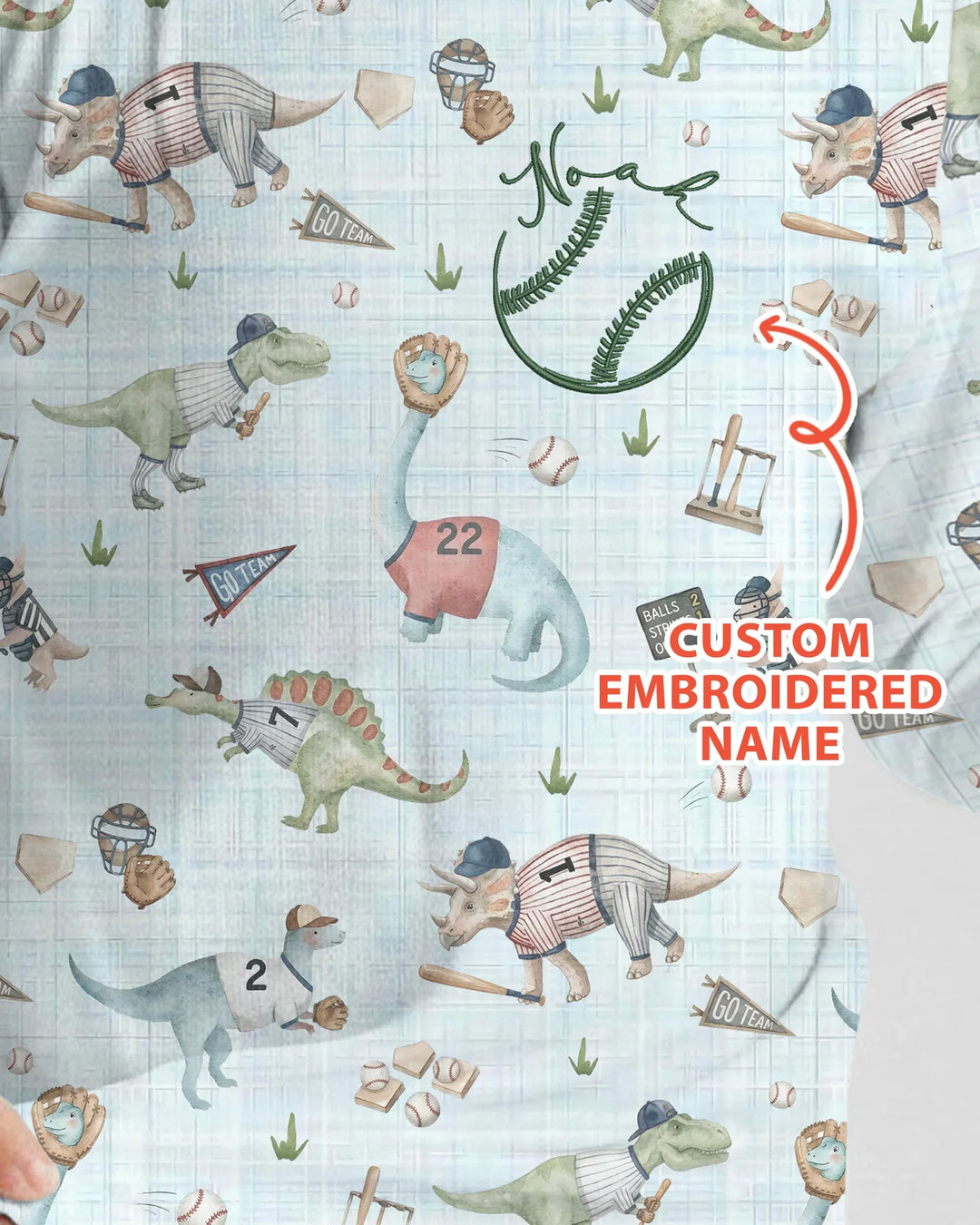 Custom Embroidered Dinosaurs Baseball  Bamboo Two Piece Long Sleeve Pajama Set