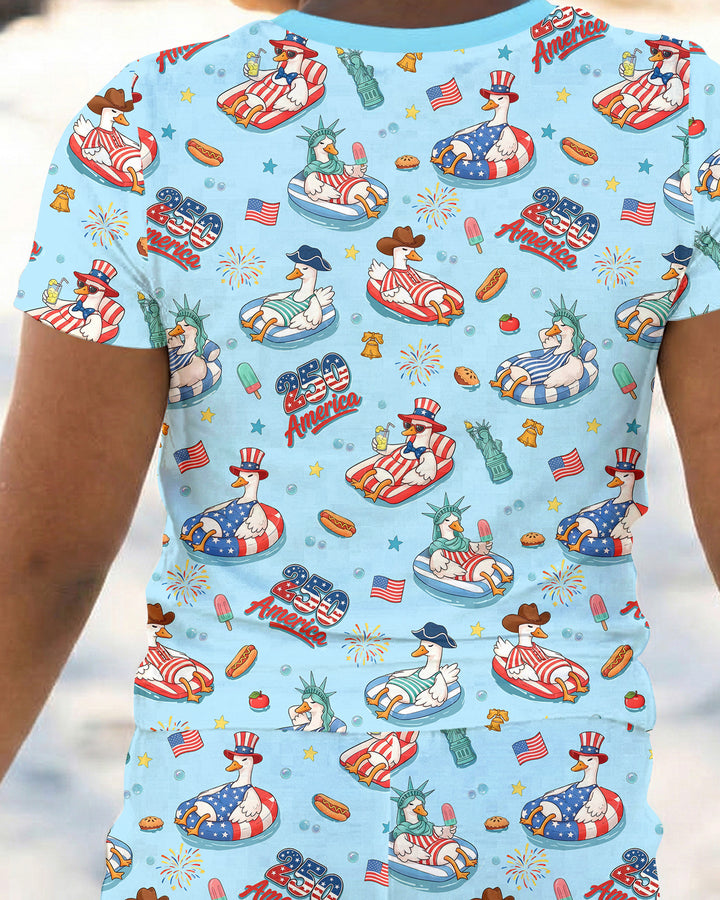 250 America Patriotic Goose Family Matching Bamboo Two Piece Short Sleeve Pajama Set