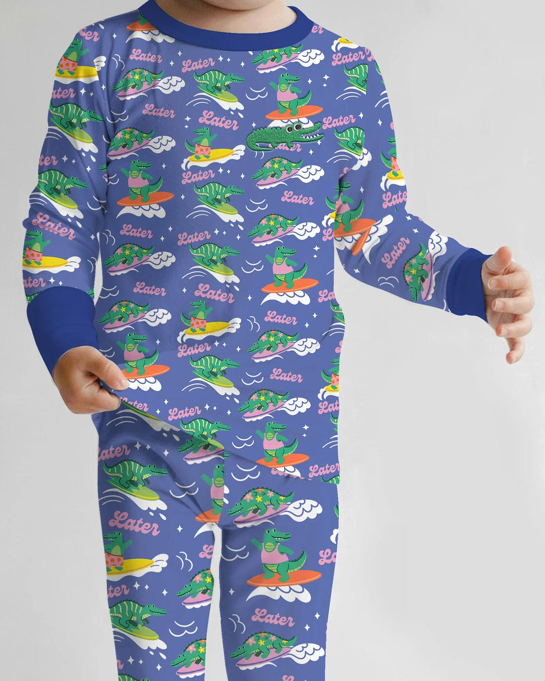 Embroidered Summer Alligator Bamboo Two Piece Long Sleeve Pajama Set
