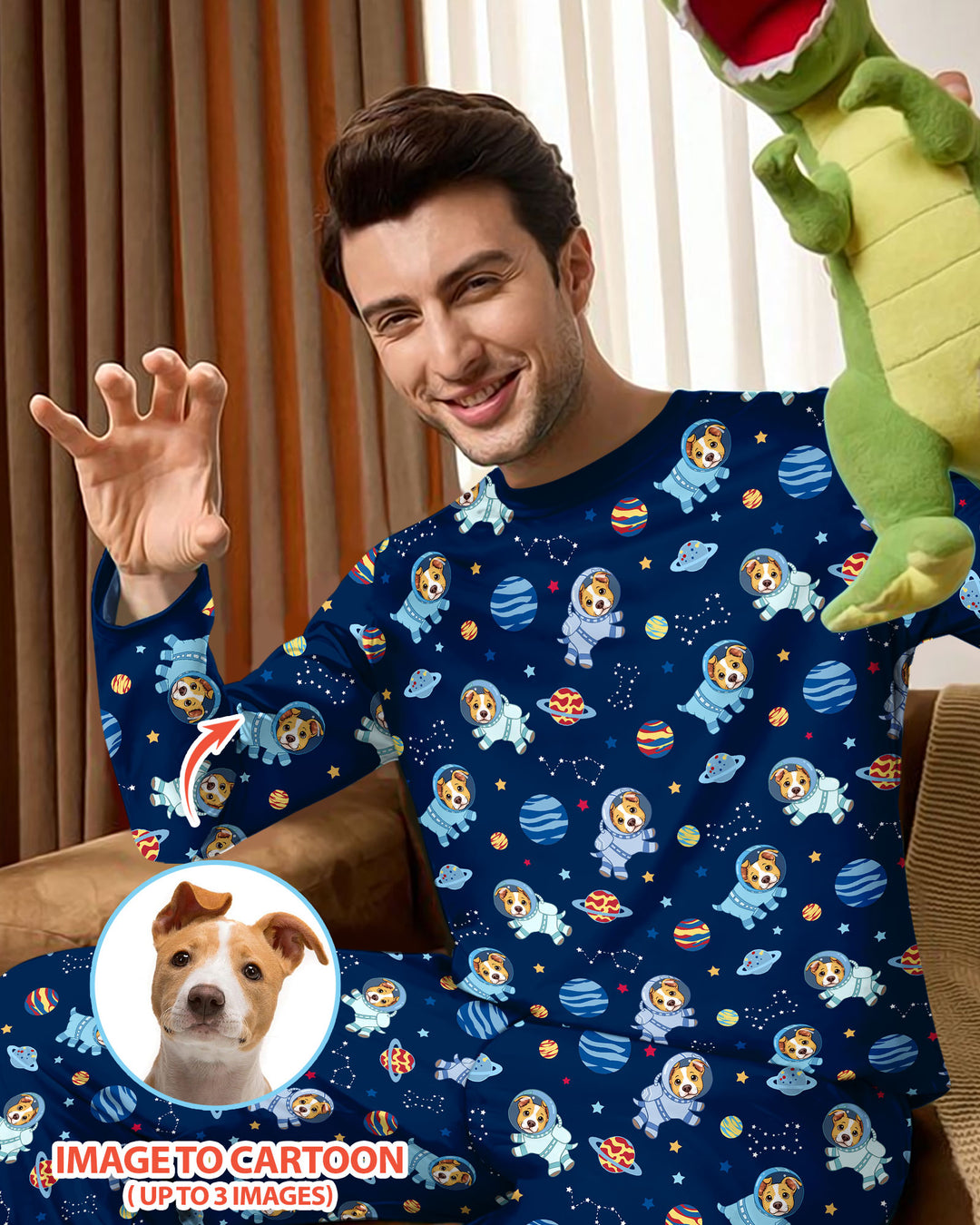 Astronaut Custom Pet Image Family Matching Bamboo Men's Pajama Set