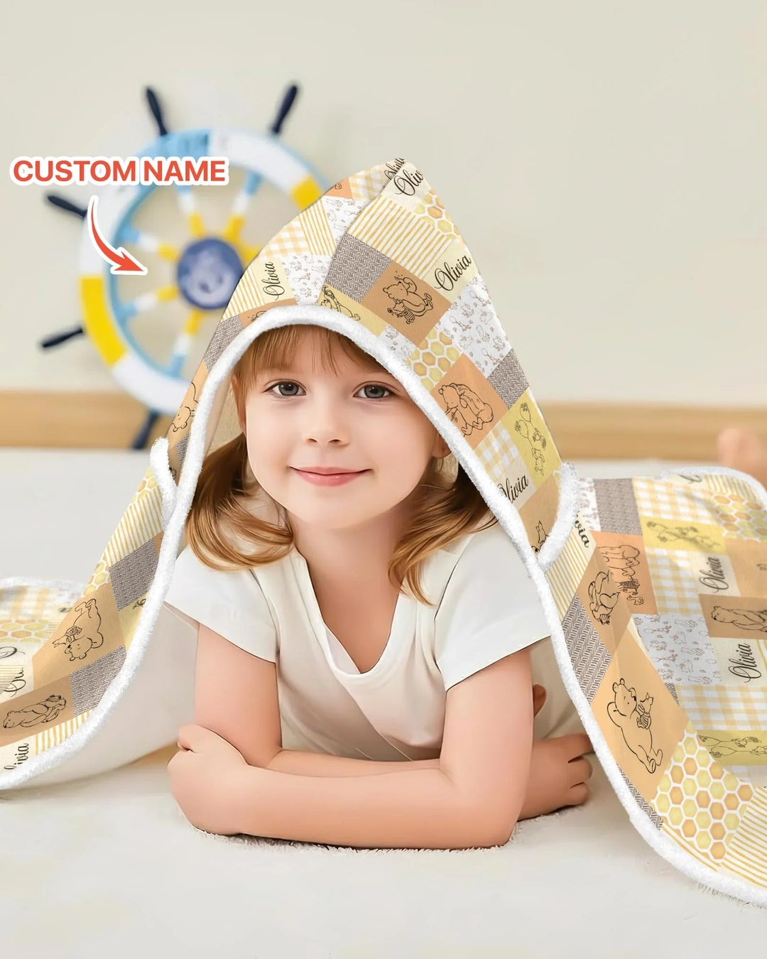 Personalized Classic Bear Patchwork  Bamboo Wearable Hooded Blanket