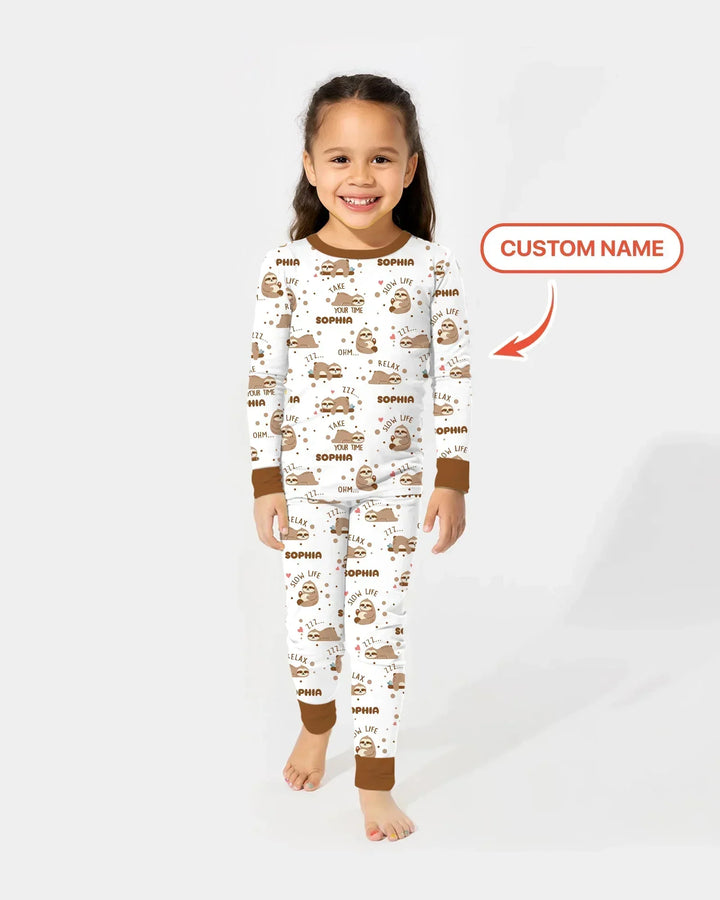 Custom Name Cute Sloth Bamboo Two Piece Long Sleeve Pajama Set