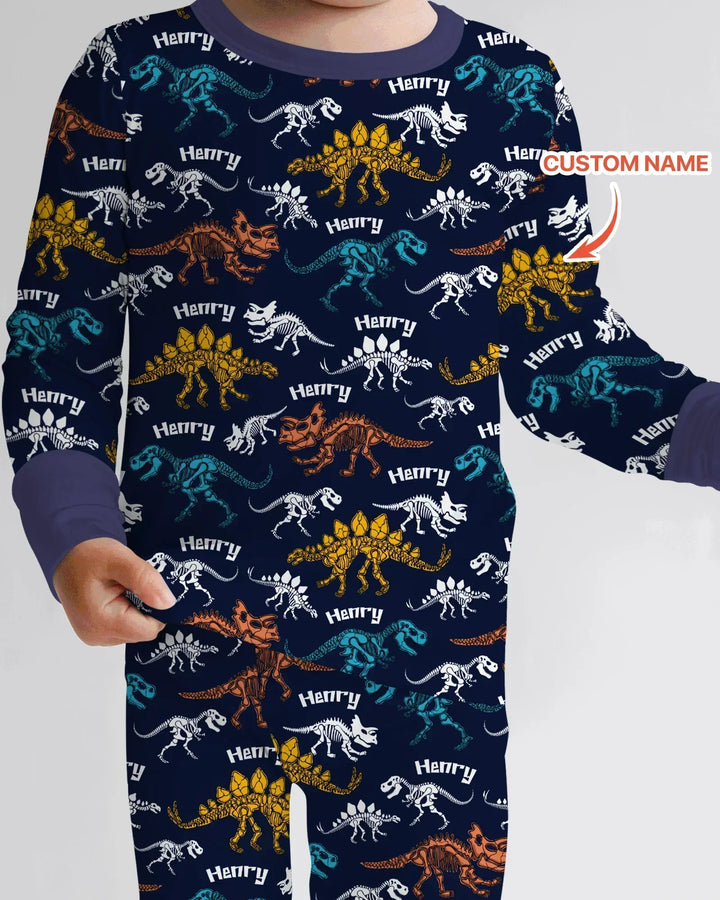 Dino Bones Parade Custom Name Bamboo Two Piece Long Sleeve Pajama Set