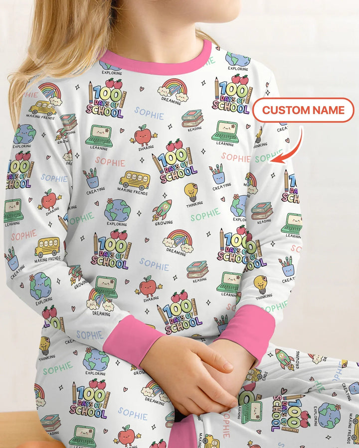 Custom Name Celebration Hundred Days Bamboo Two Piece Long Sleeve Pajama Set
